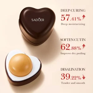 SADOER Coffee Hydrating Lipstick in heart-shaped packaging showcasing moisturizing and lip-softening benefits.