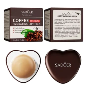 SADOER Coffee Hydrating Lipstick product packaging and heart-shaped moisturizing lip balm container.