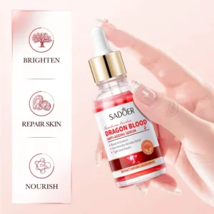 SADOER Dragon's Blood Anti-Ageing Face Serum highlighting brighten, repair skin, and nourish benefits.