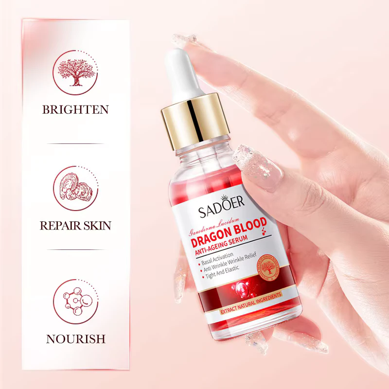 SADOER Dragon's Blood Anti-Ageing Face Serum highlighting brighten, repair skin, and nourish benefits.