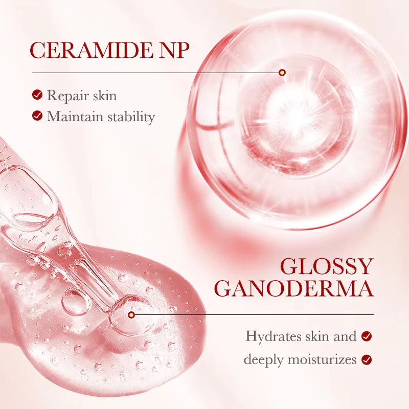 SADOER Dragon's Blood Anti-Ageing Face Serum texture highlighting Ceramide NP and Glossy Ganoderma benefits.