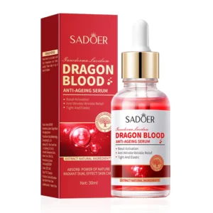 SADOER Dragon's Blood Anti-Ageing Face Serum bottle and box featuring red liquid and gold accents.