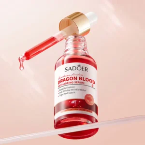 SADOER Dragon's Blood Anti-Ageing Face Serum glass bottle with dropper and red serum droplet.