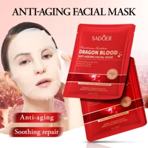 Woman wearing a SADOER Dragon's Blood Face Sheet Mask next to its red packaging.