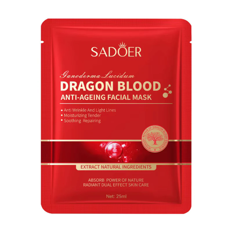 SADOER Dragon's Blood Face Sheet Mask packaging for hydrating and firming skincare.
