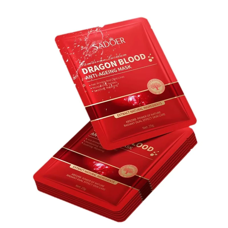A stack of SADOER Dragon's Blood Face Sheet Mask packets for hydrating skincare.