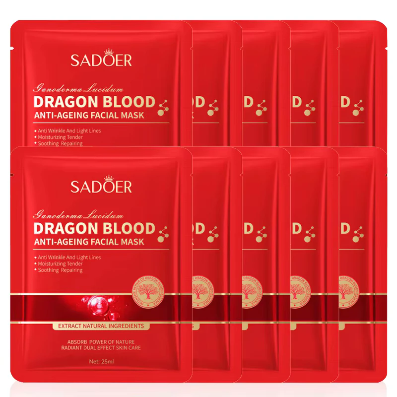 SADOER Dragon's Blood Face Sheet Mask, 10-Piece Set for hydrating and anti-aging skincare.