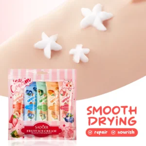 SADOER Fruit Ice Cream Hand Cream set with star-shaped cream swatches on smooth skin.