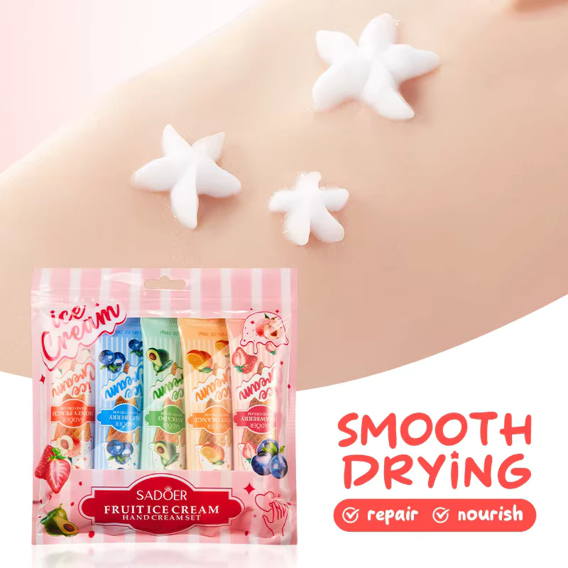 SADOER Fruit Ice Cream Hand Cream set with star-shaped cream swatches on smooth skin.