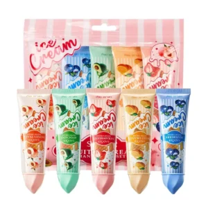 SADOER Fruit Ice Cream Hand Cream set featuring five moisturizing tubes in fruit-inspired packaging.