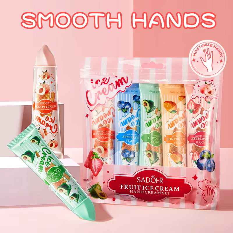 SADOER Fruit Ice Cream Hand Cream set in a pink pouch with individual fruit-themed tubes.
