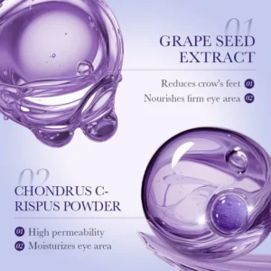 SADOER Grape Seed Eye Mask Patches infographic detailing grape seed extract and Chondrus Crispus benefits.