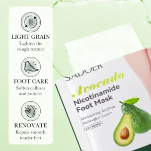 SADOER Avocado Nicotinamide Foot Mask packaging highlighting benefits for softening calluses and repairing rough skin.