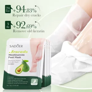 SADOER Avocado Nicotinamide Foot Mask packaging showing repair for dry, cracked skin and calluses.