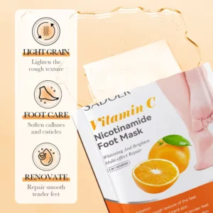 SADOER Vitamin C and Nicotinamide Foot Mask packaging showing repair benefits for smooth feet.
