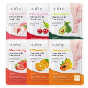 SADOER Nicotinamide Fruit Foot Mask set of 6 moisturizing and exfoliating treatments with fruit extracts.