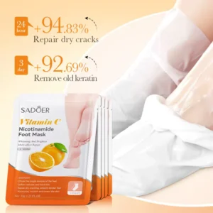 SADOER Vitamin C and Nicotinamide Foot Mask packets and wearable socks for treating dry, cracked feet.