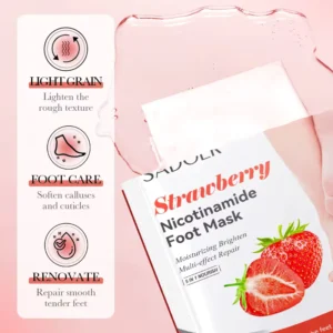 SADOER Strawberry Nicotinamide Foot Mask showcasing nourishing benefits for smoothing and repairing dry feet.