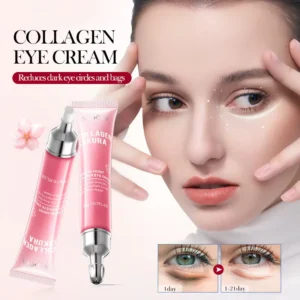 SADOER Sakura Collagen Eye Cream tube and results for reducing dark circles and eye bags.