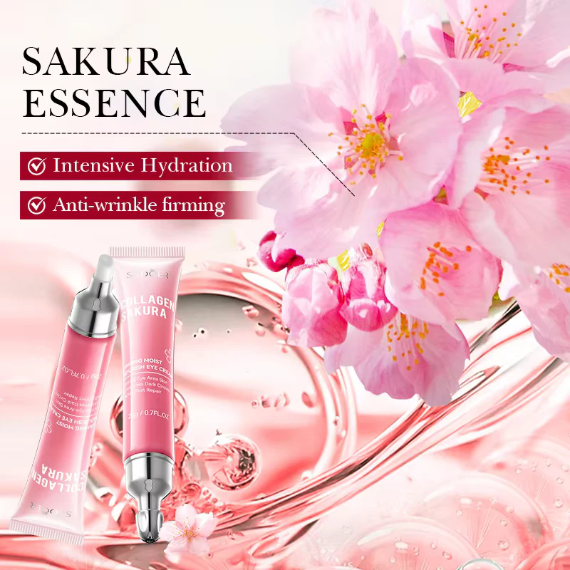 SADOER Sakura Collagen Eye Cream tubes featuring cherry blossoms for intensive hydration and anti-wrinkle firming.