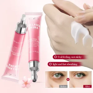 SADOER Sakura Collagen Eye Cream showing its lightweight texture and before and after dark circle results.