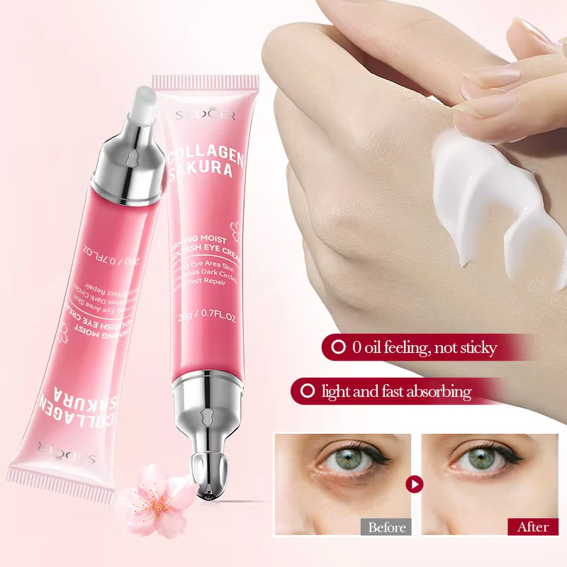 SADOER Sakura Collagen Eye Cream showing its lightweight texture and before and after dark circle results.