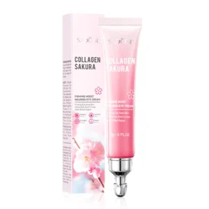 SADOER Sakura Collagen Eye Cream pink tube and box featuring a precision massage applicator.