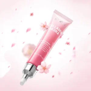 SADOER Sakura Collagen Eye Cream tube floating with pink cherry blossom petals on a soft background.