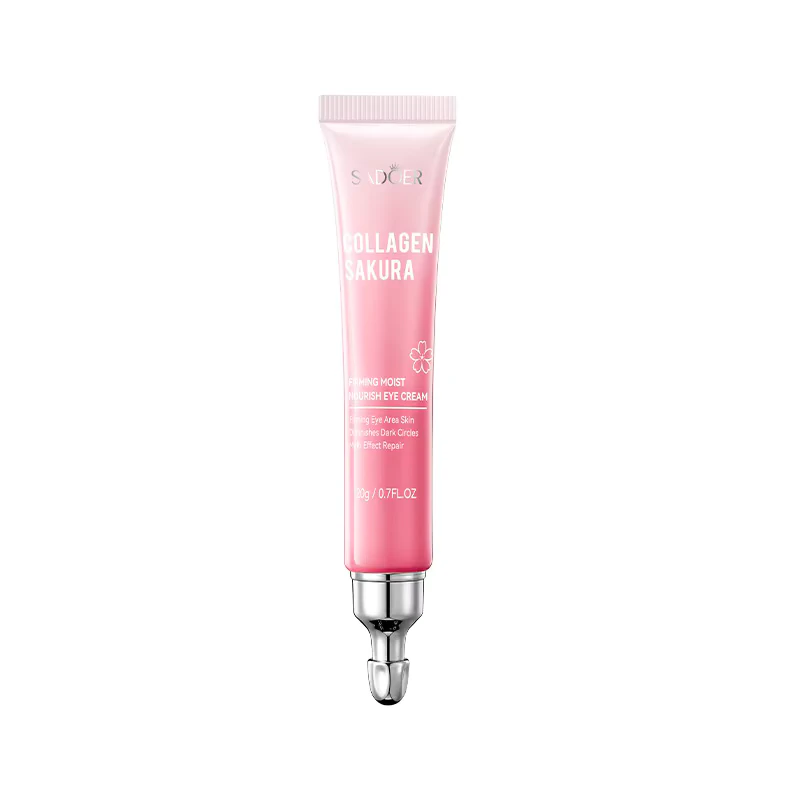 SADOER Sakura Collagen Eye Cream pink tube featuring a precision metallic massage applicator tip.