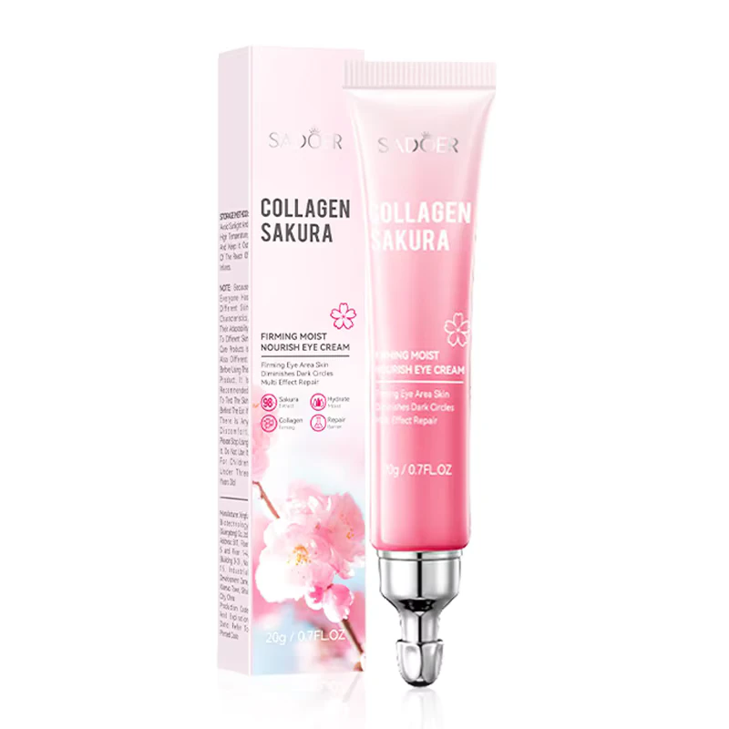 SADOER Sakura Collagen Eye Cream pink tube and box featuring a precision massage applicator.