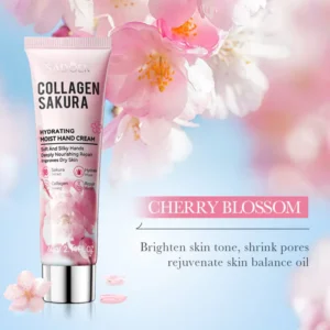 SADOER Sakura Collagen Hand Cream tube surrounded by pink cherry blossoms for soft, hydrated hands.