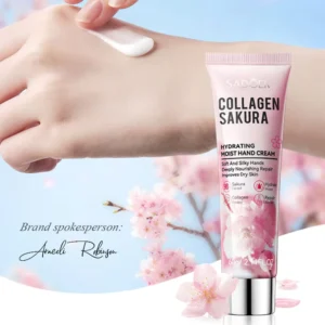 SADOER Sakura Collagen Hand Cream tube and cream texture on hand with cherry blossoms.
