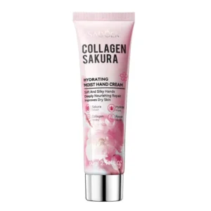 SADOER Sakura Collagen Hand Cream tube featuring pink cherry blossom graphics and silver cap.