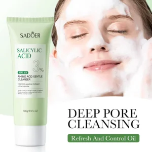 SADOER Salicylic Acid Facial Cleanser tube and woman with foaming wash for deep pore cleansing.