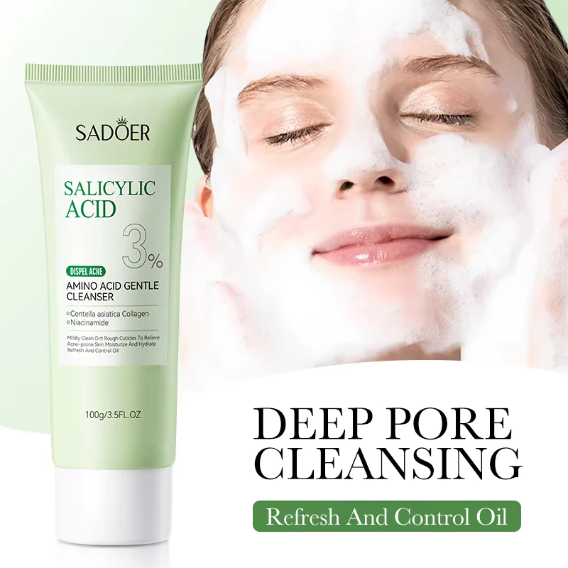 SADOER Salicylic Acid Facial Cleanser tube and woman with foaming wash for deep pore cleansing.