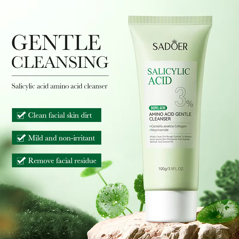 SADOER Salicylic Acid Facial Cleanser tube in a natural green landscape.