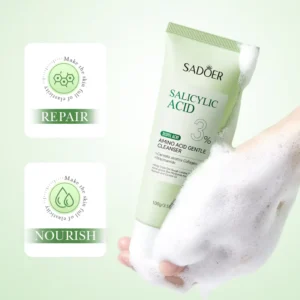 SADOER Salicylic Acid Facial Cleanser tube with rich white foam and skin repair infographic.