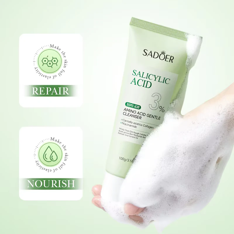 SADOER Salicylic Acid Facial Cleanser tube with rich white foam and skin repair infographic.