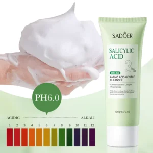 SADOER Salicylic Acid Facial Cleanser featuring rich foam and pH 6.0 balance.