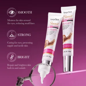 Two tubes of SADOER Snail Collagen Eye Cream showing white cream texture and anti-aging benefits.