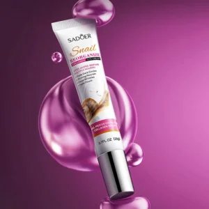 SADOER Snail Collagen Eye Cream for anti-aging and firming against a glossy purple background.