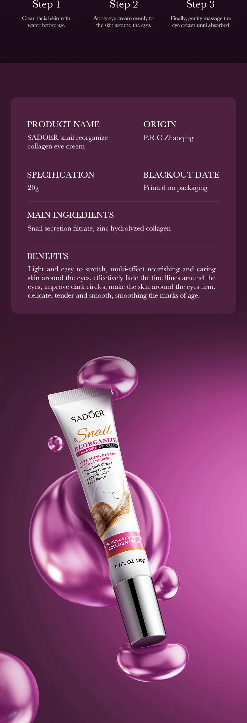 SADOER Snail Collagen Eye Cream product information