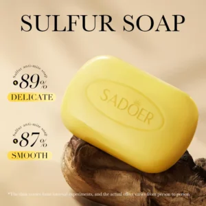 SADOER Sulfur Soap Bar on rustic wood, highlighting delicate and smooth skin benefits.