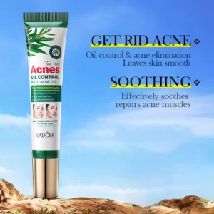 SADOER Tea Tree Anti-Acne Gel tube highlighting oil control and soothing benefits for acne-prone skin.