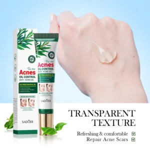 SADOER Tea Tree Anti-Acne Gel packaging and transparent texture demonstration on hand.
