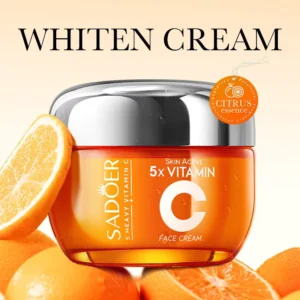 SADOER Vitamin C Face Cream jar surrounded by fresh oranges for skin brightening and hydration.