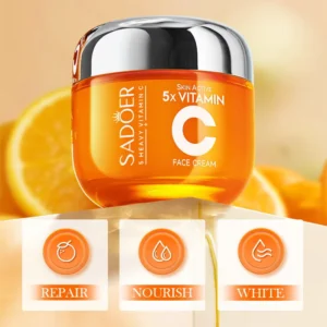 SADOER Vitamin C Face Cream jar with orange slices and icons for repair and nourishment.