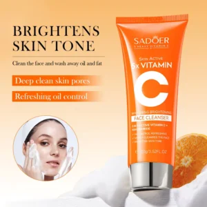 SADOER Vitamin C Facial Cleanser tube with a model applying the refreshing brightening foam.