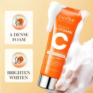 SADOER Vitamin C Facial Cleanser tube with dense foam for brightening and whitening skin.