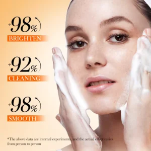 Woman applying SADOER Vitamin C Facial Cleanser foam, highlighting brightening, cleaning, and smoothing benefits.